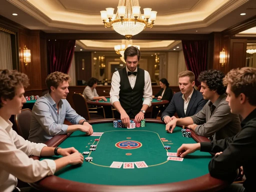 Alo8 poker enthusiasts engaged in high-stakes gameplay at an upscale casino, focusing on strategy and excitement.