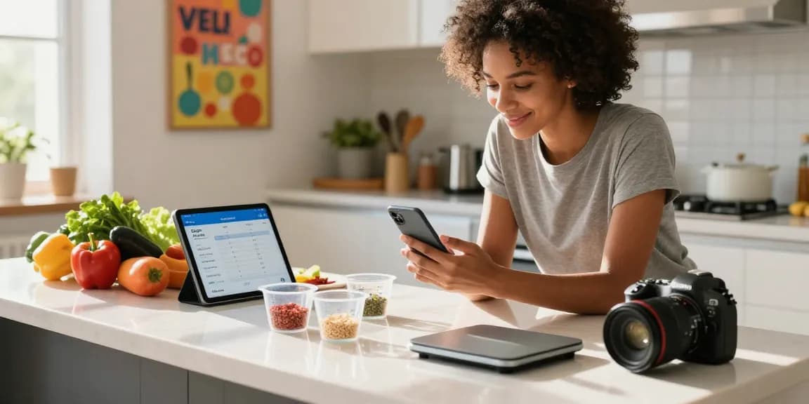 Person using the best calorie tracker in a bright, modern kitchen.