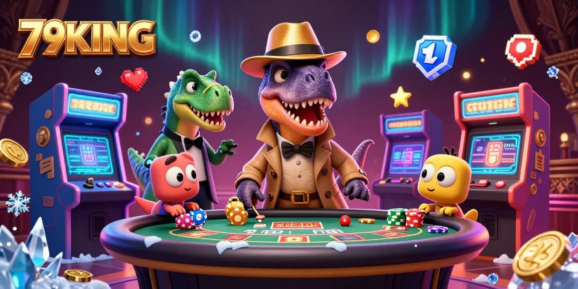 Experience thrilling table action at 79KING with cartoon dinosaurs in a vibrant casino scene.