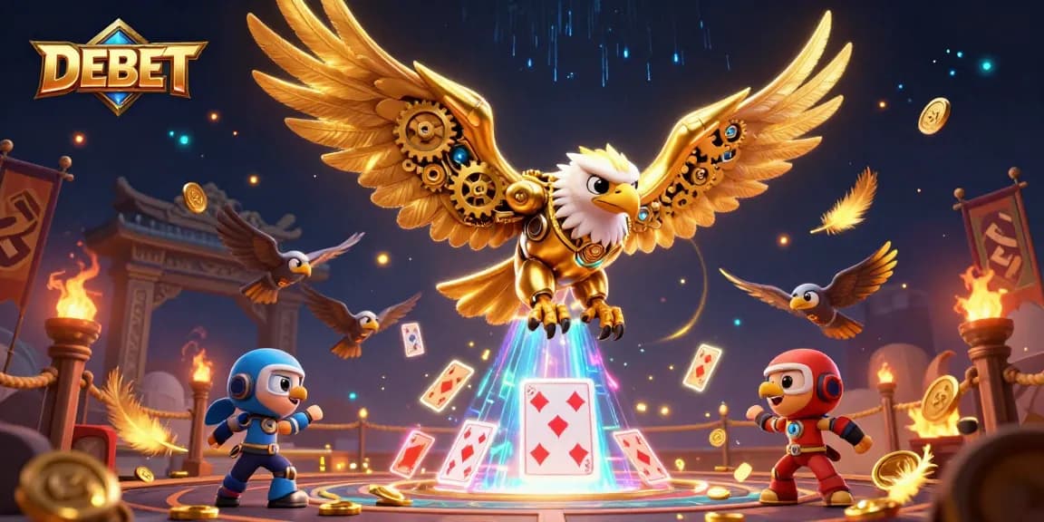 Engage with DEBET through a dynamic 3D casino illustration featuring a golden eagle and holographic cards.