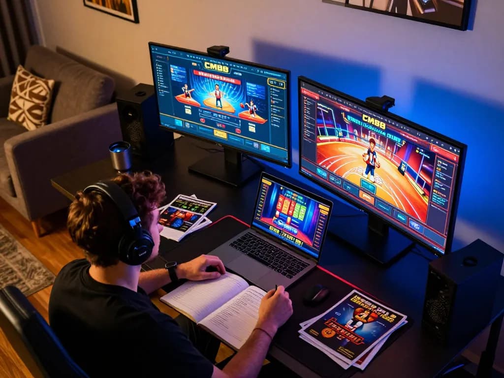 Player engaging in CM88 CM online casino games at a modern workspace, focusing on strategy.