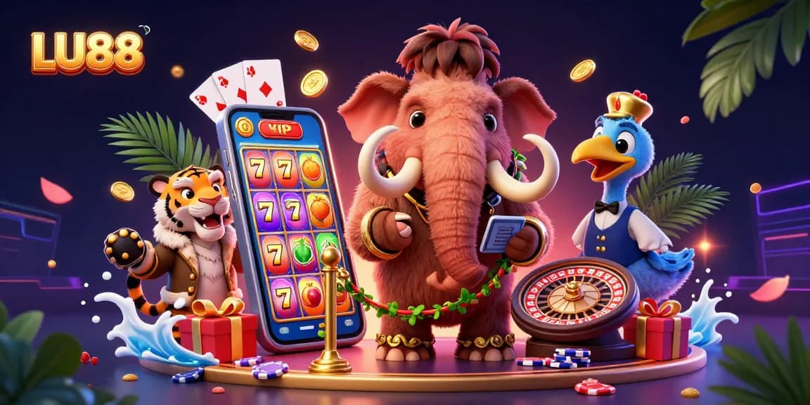 LU88 casino bouncer checks IDs while surrounded by slot games, poker chips, and vibrant decorations.
