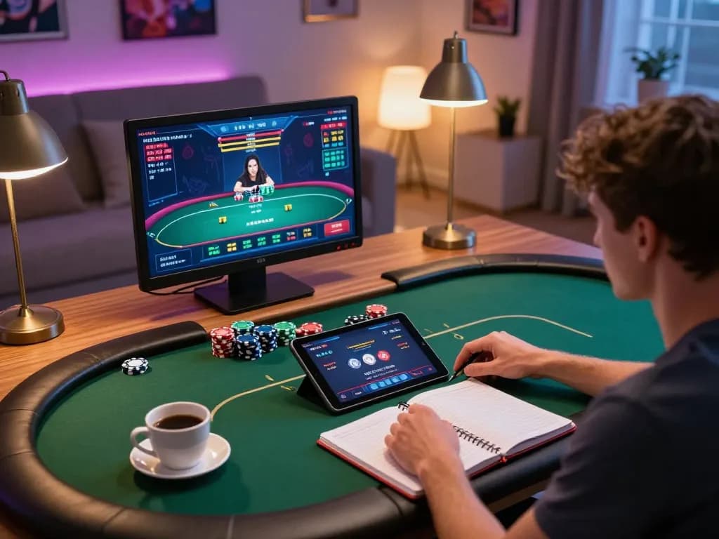Player engaging with dn88 poker game on tablet in a cozy, stylish home setting