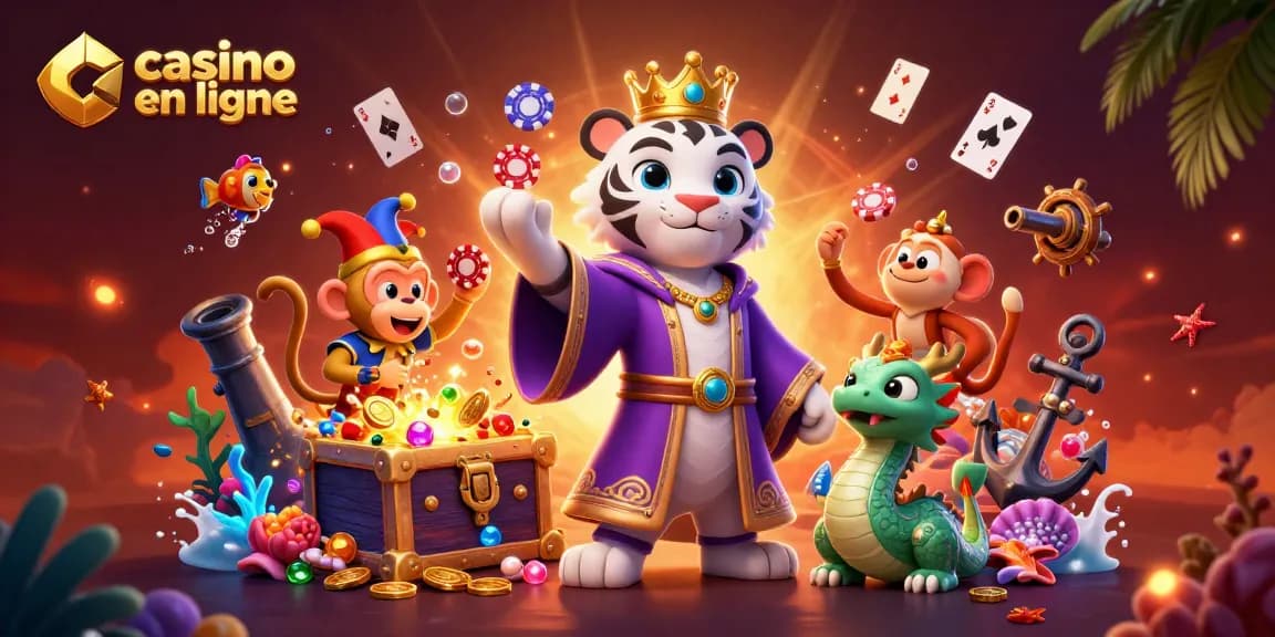 Jouez au casino en ligne avec des personnages animés, dont un tigre et un singe, entourés de trésors sous-marins.