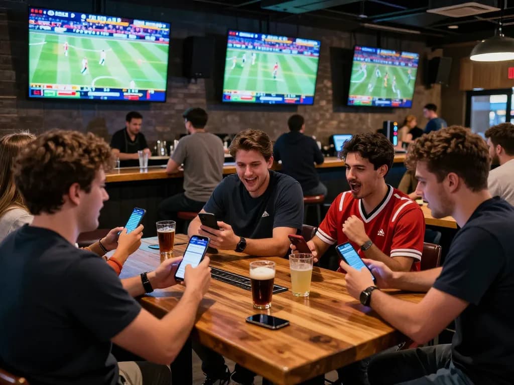 Exciting sports betting experience at 8xx with fans cheering and using apps to place bets