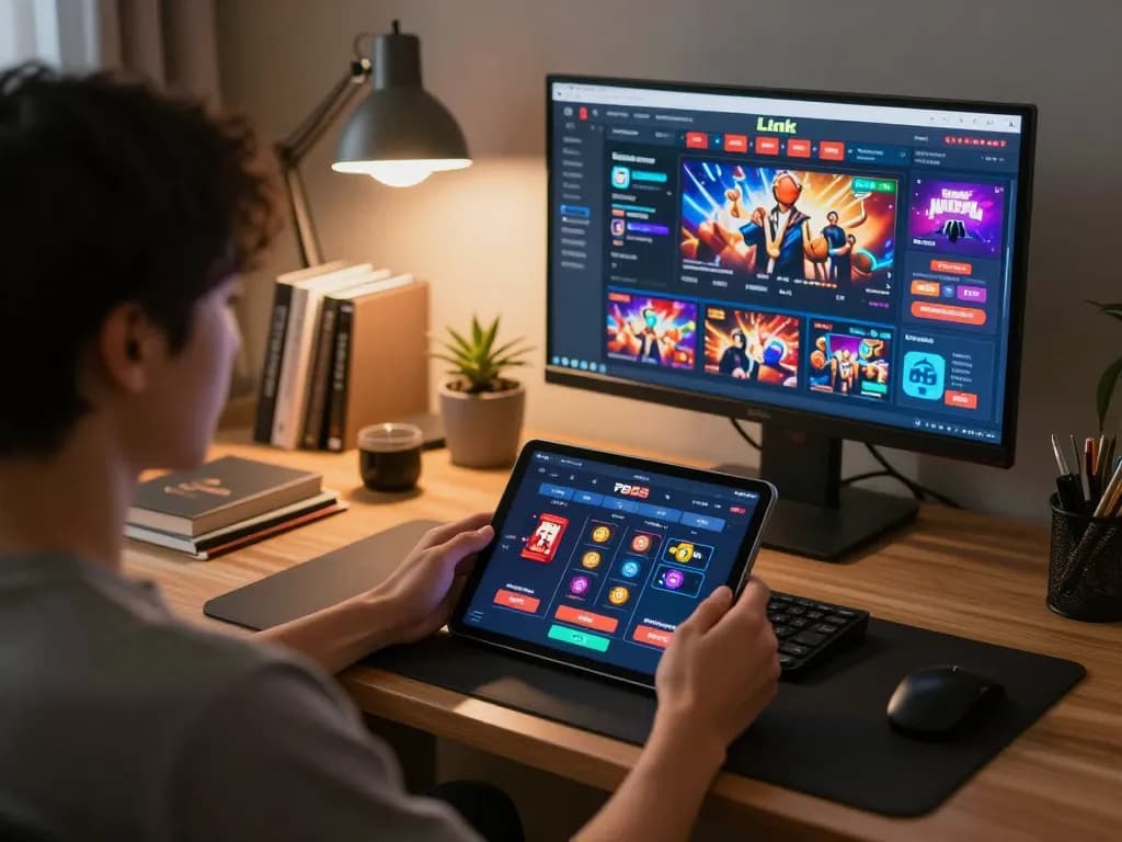 Experience the thrill of online gambling with Link FB88, showcasing dynamic betting interface in a cozy workspace