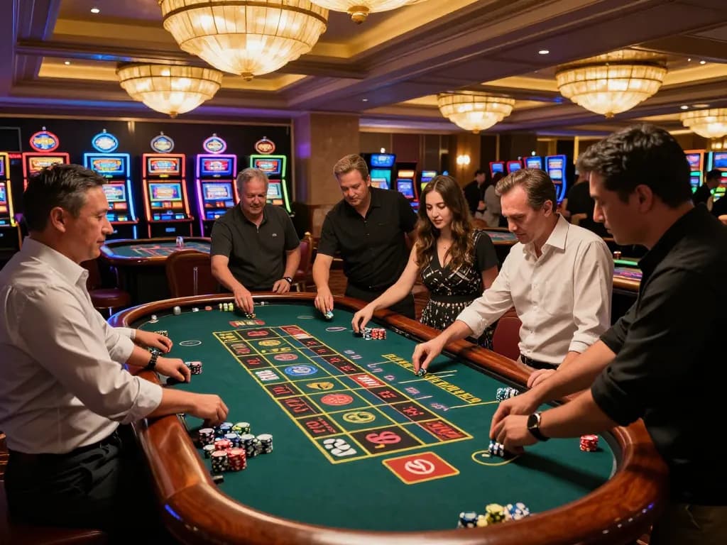 W 88 players placing bets at a lively roulette table in a vibrant casino atmosphere