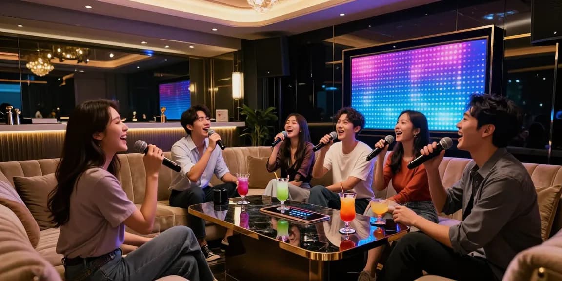 강남가라오케에서 친구들과 함께 즐거운 노래를 부르는 화려한 분위기의 카라오케룸