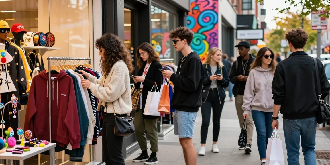 Friends exploring Voghion fashion trends in an urban shopping scene.
