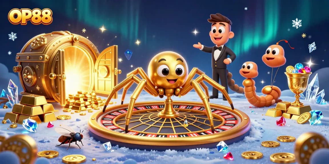 OP88 spider spins roulette web while placing bets in a vibrant casino scene