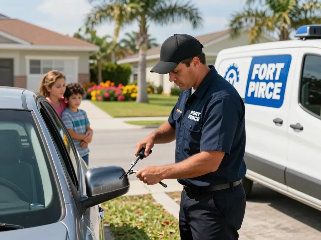 Fort Pierce locksmith services in action, experienced locksmith unlocking a car in a friendly neighborhood