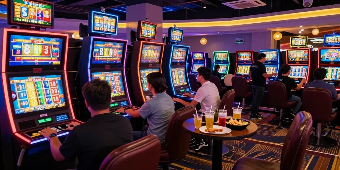 Players enjoying an exciting slot 5k tournament in a colorful gaming lounge.
