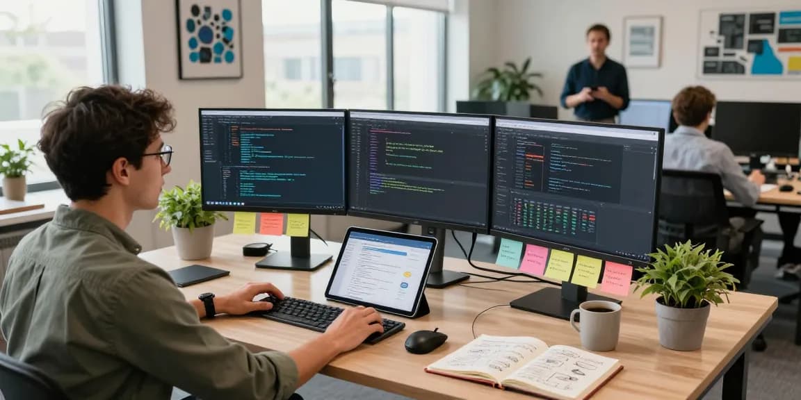 Developer utilizing openclaw skills in an innovative tech workspace with monitors and collaboration elements.