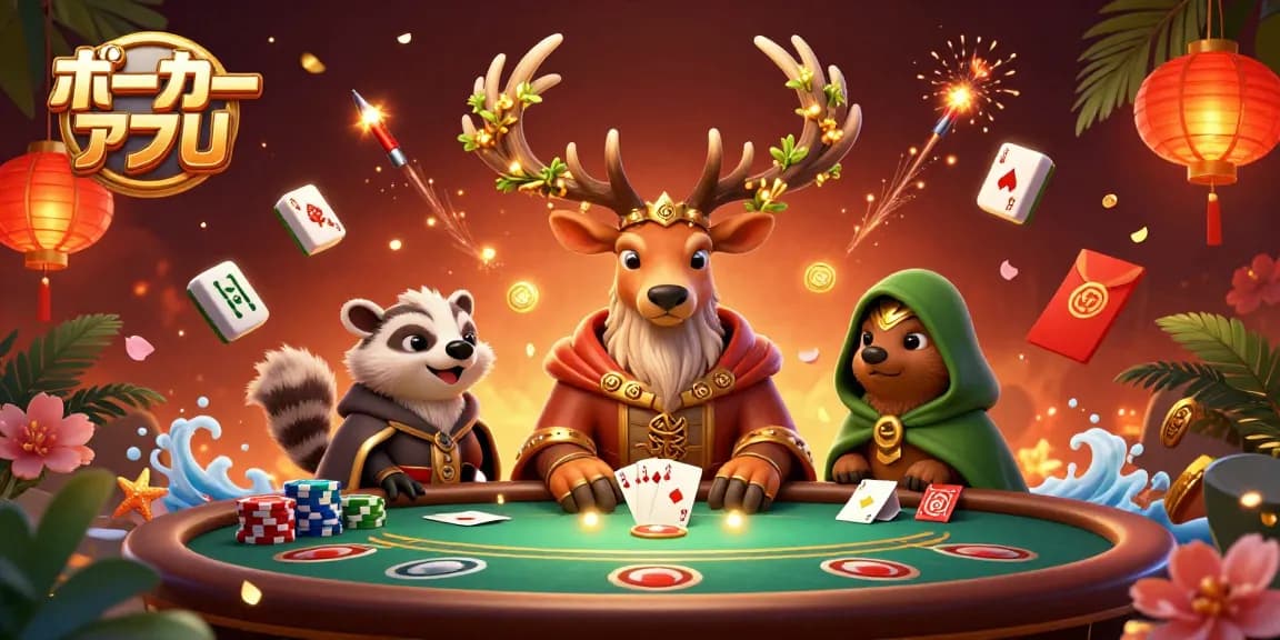 ポーカーアプリでリアルマネーを賭けながら、ポーカーテーブルで戦うキャラクターたちのダイナミックなシーン。