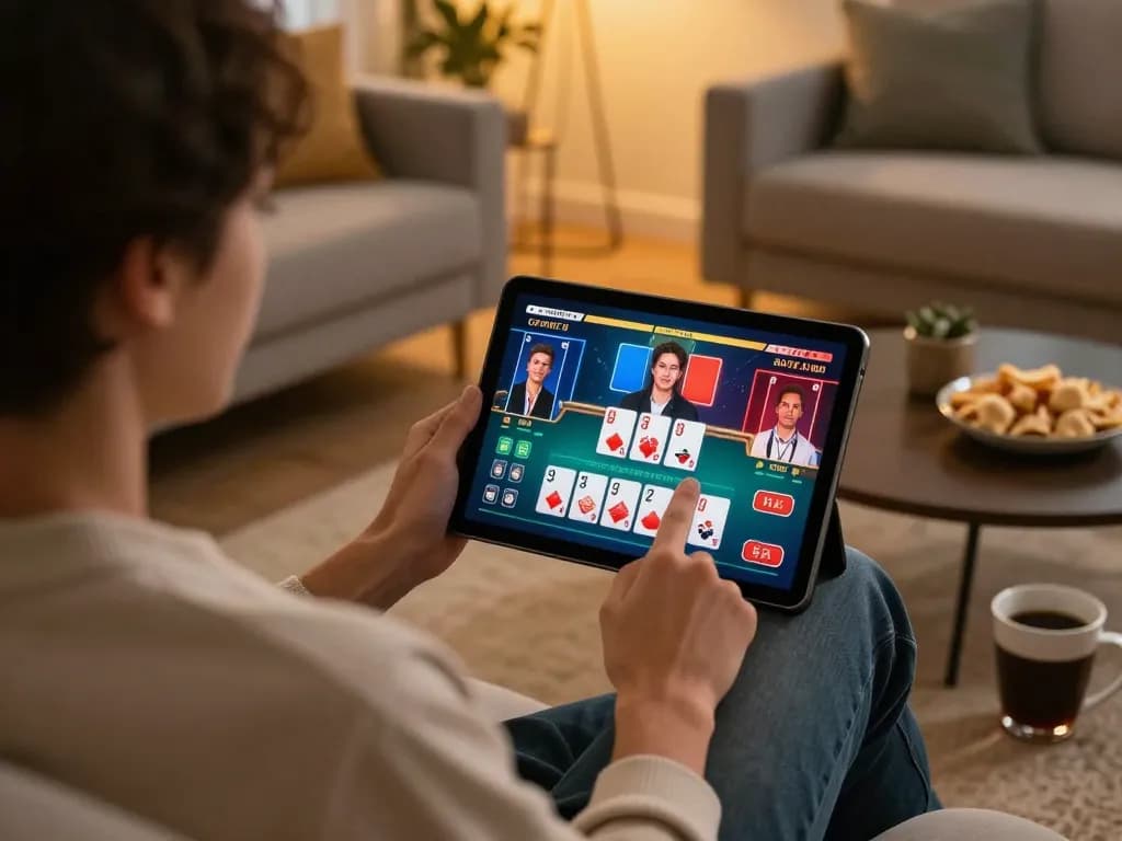 Engaging gameplay on tv88 tablet in a cozy home setting, highlighting vibrant online gambling atmosphere.