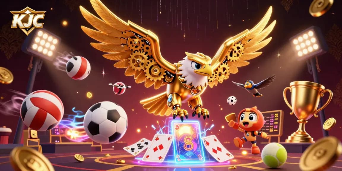 KJC showcases a dynamic and engaging 3D illustration of a cybernetic eagle amidst flying sports balls and holographic playing cards.