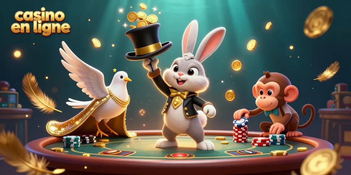 Magicien de casino en ligne et ses compagnons animés tirant des pièces d'or d'un chapeau