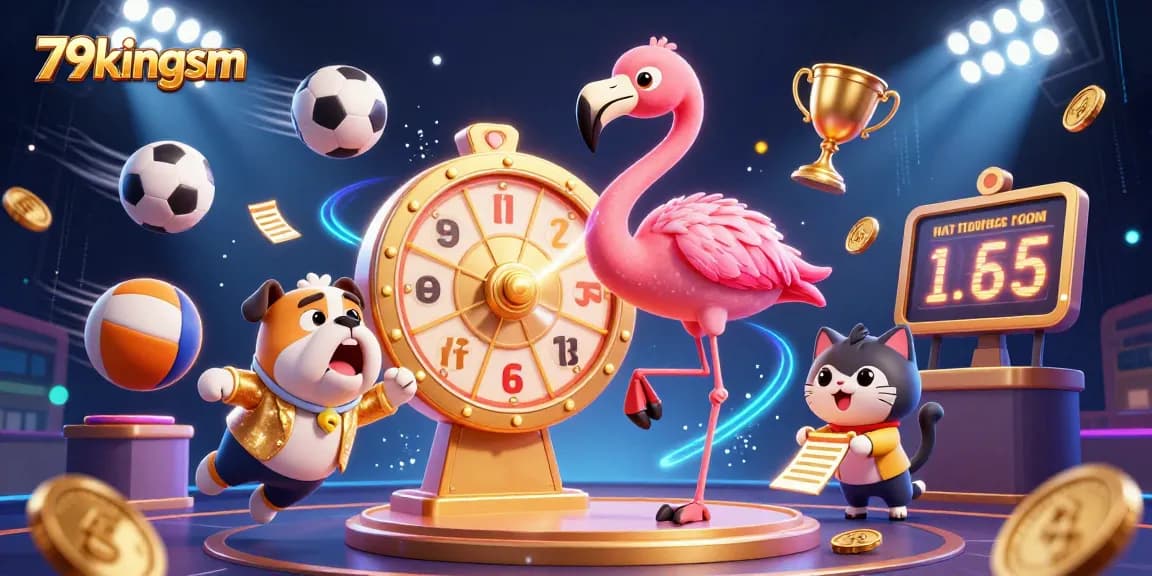 Engaging 79kingsm illustration showcasing a dynamic scene with a flamingo host, sports elements, and interactive prizes.