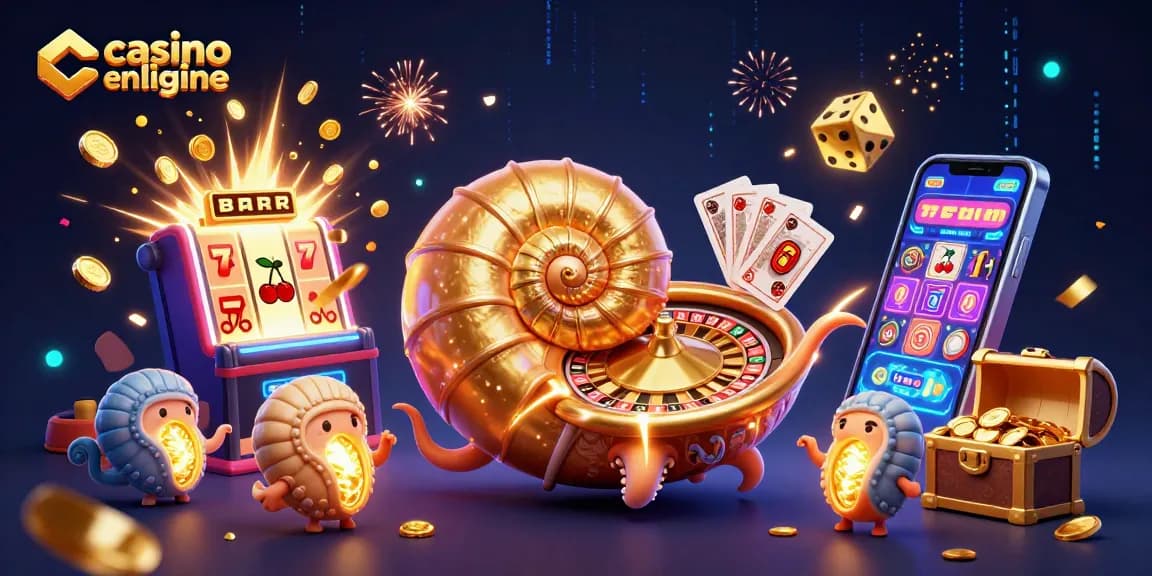 Illustration de casino en ligne avec un nautilus géant, des machines à sous et des jeux de cartes.