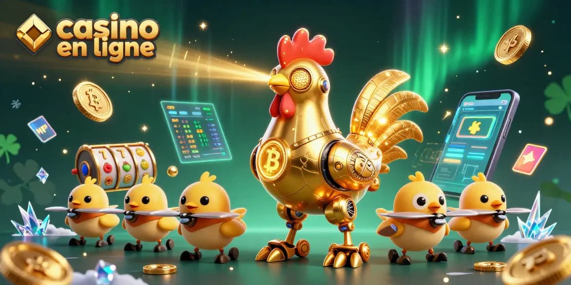 Découvrez une scène dynamique de casino en ligne avec un robot coq doré et ses drones, entourés de symboles de jeux.