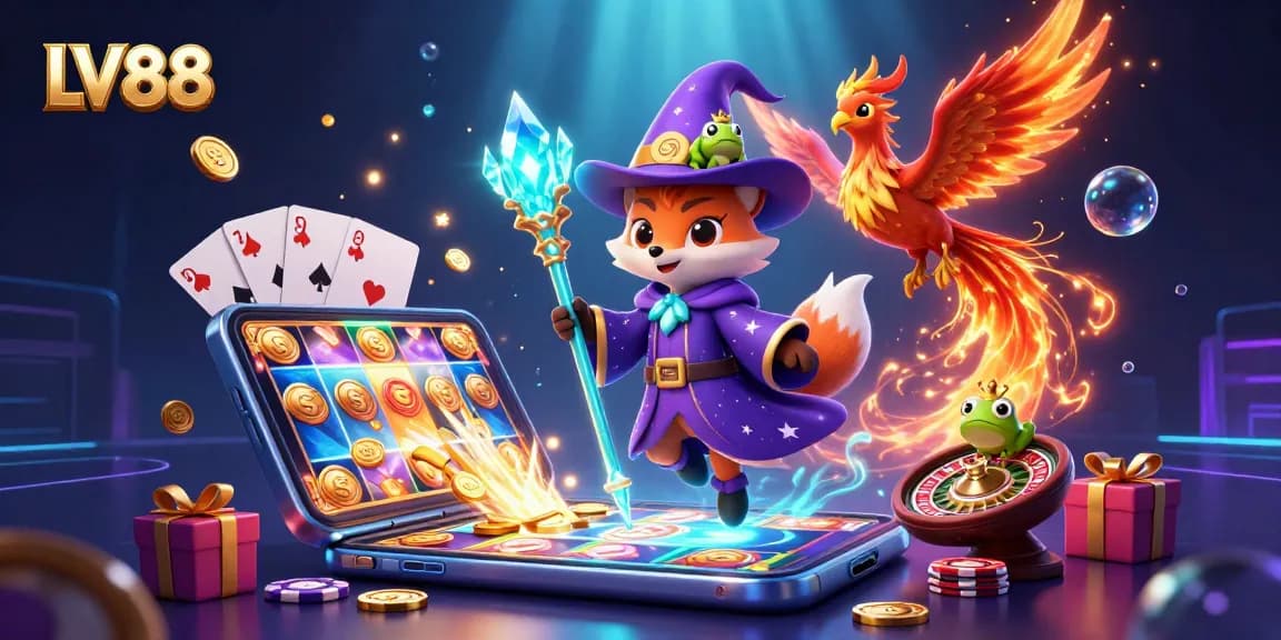 Experience thrilling gameplay at LV88 with vibrant slot games, golden coins, and mystical characters.