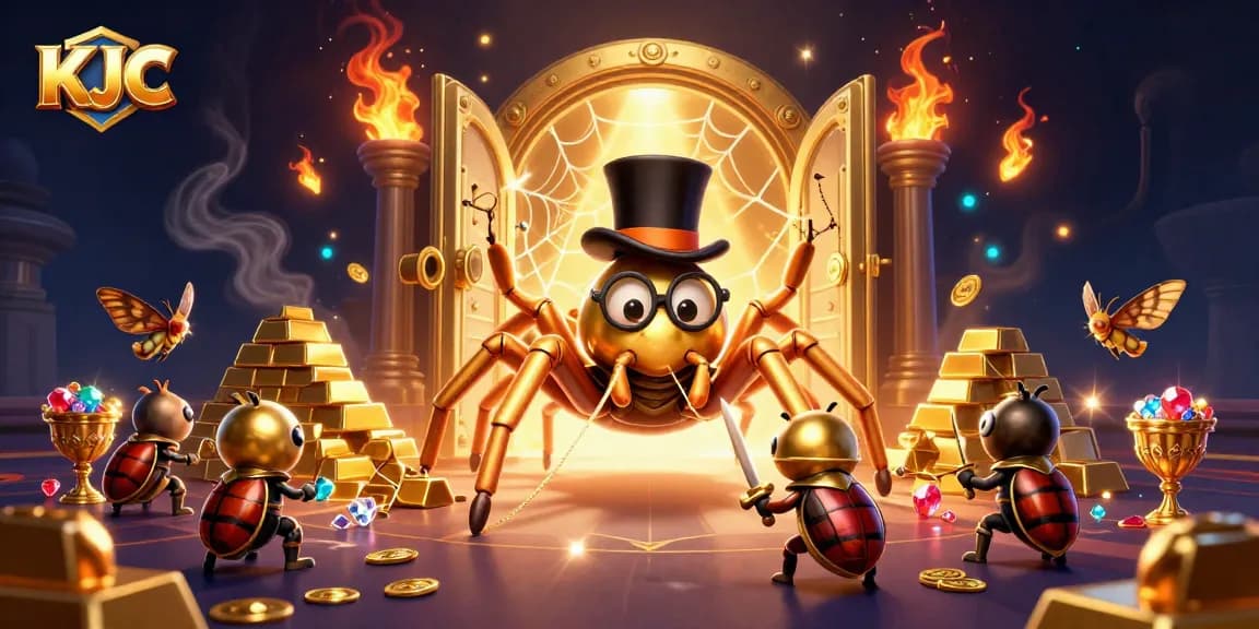 KJC offers a thrilling gaming experience, featuring a golden tarantula and a knight in an enchanting casino scene.