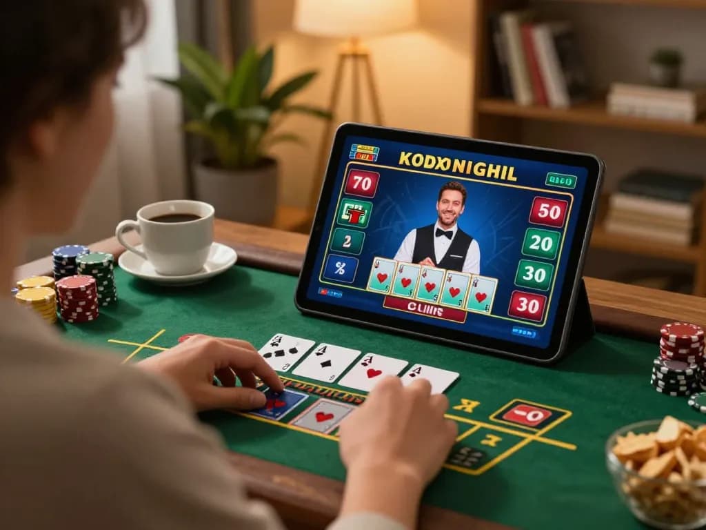 Player enjoying TG88 online blackjack on a tablet with a cozy home atmosphere.