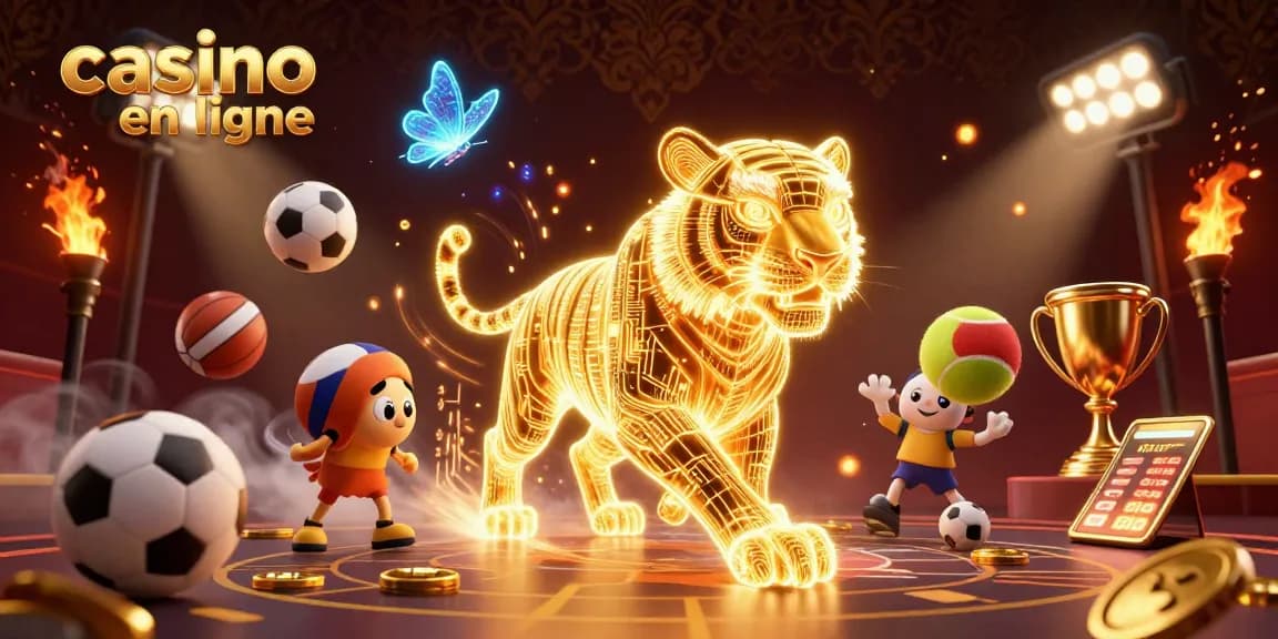 Dans un casino en ligne, un tigre doré digital avec des papillons holographiques et des éléments sportifs s'affrontent.