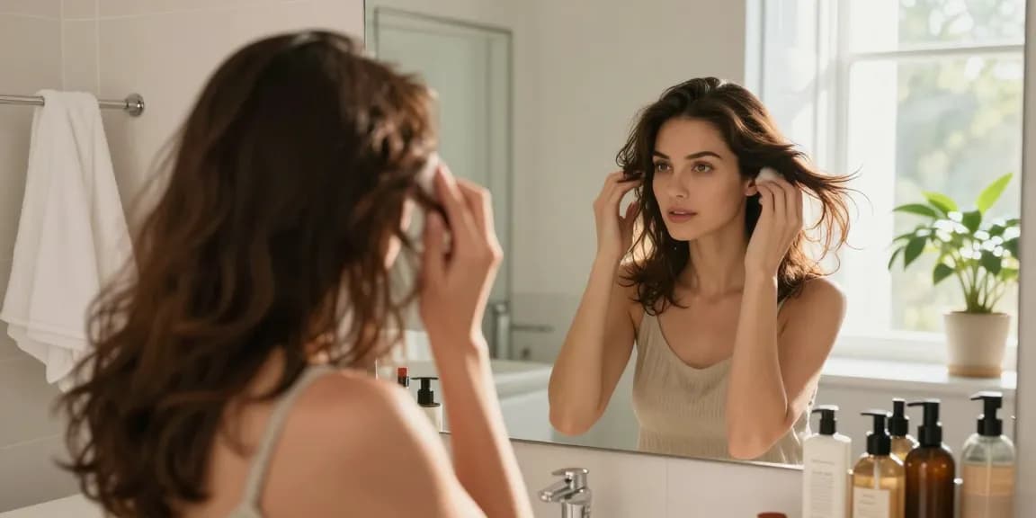 Applying بودرة تكثيف الشعر for a voluminous hair look in a bright bathroom.