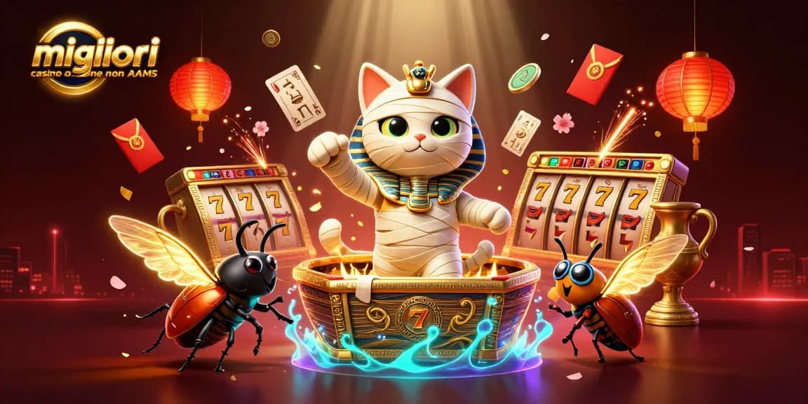 Migliori casino online non AAMS: un'illustrazione vivace di una mummia egiziana e uno scarabeo nel loro ambiente di gioco