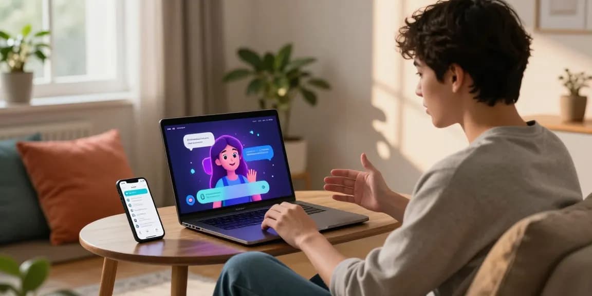 Dynamic NSFW AI chat experience in a cozy living room, showcasing vibrant character interaction and soft lighting.