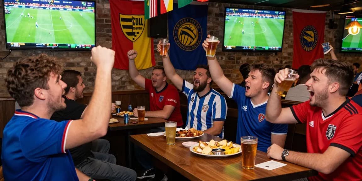 Exciting football betting atmosphere at keobongdahomnay sports bar with fans cheering.