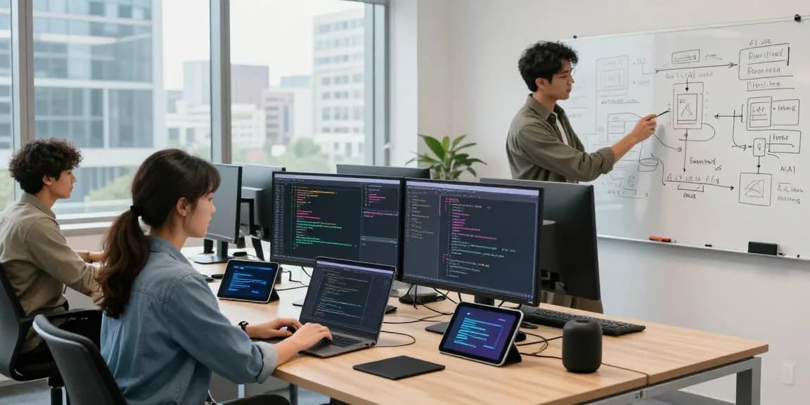 How to Make an AI: Diverse team coding and collaborating in a modern tech workspace.
