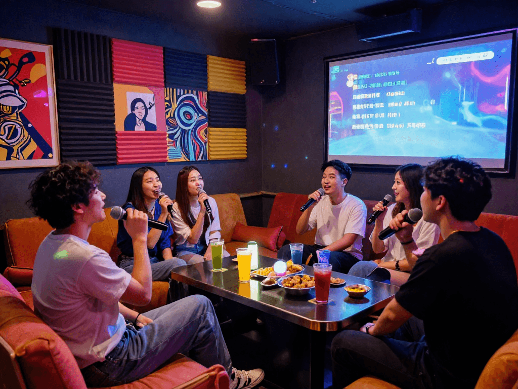 강남 유앤미 프라이빗 룸에서 친구들과 함께 노래를 부르는 즐거운 모습