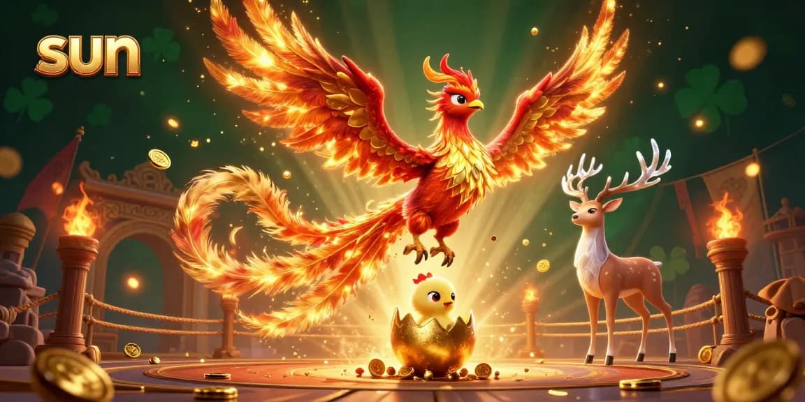 Experience the thrilling sun-themed casino magic with a vibrant phoenix, golden treasures, and betting tokens.