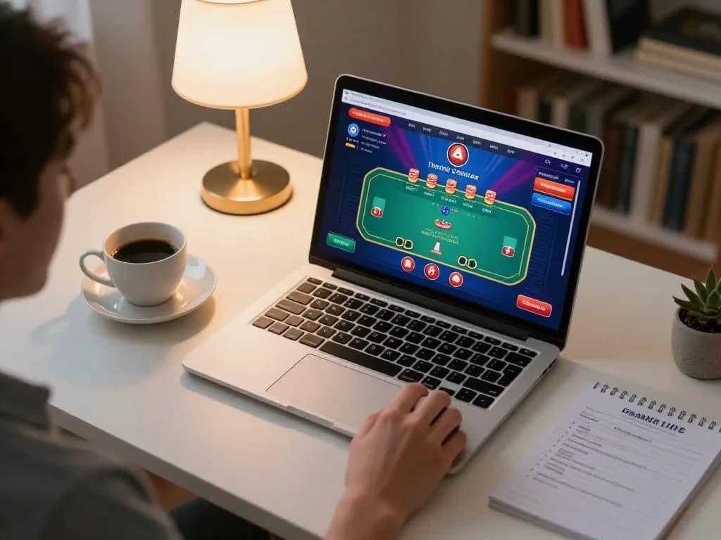 Player engaging with rik vip online casino, placing bets on poker interface from a cozy home setup