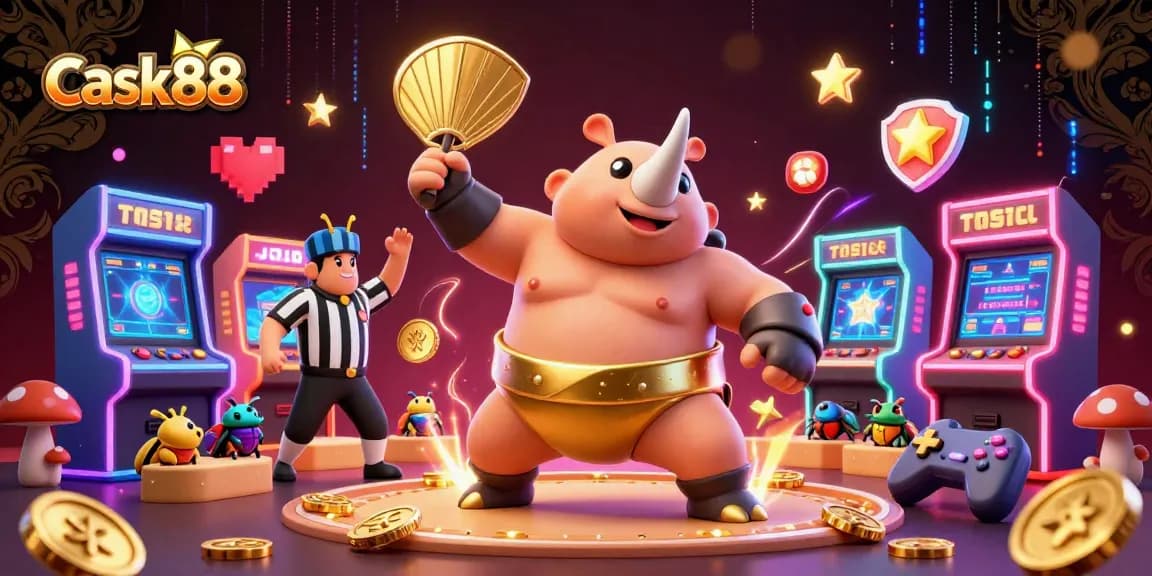 Engage with cask88's thrilling world as the sumo champion beetle stomps and coins fly in this vibrant casino scene.