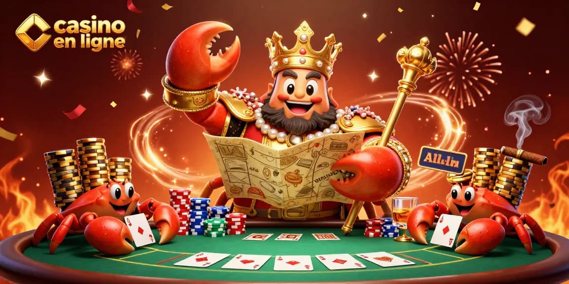 Découvrez un casino en ligne animant un empereur crabe entouré de serviteurs portant des jetons d'or.