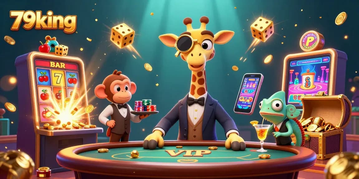 Experience thrilling wins with 79king as the giraffe plays poker in a vibrant casino scene.