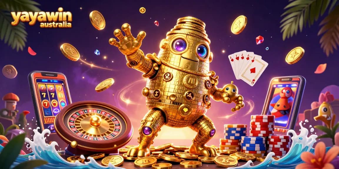 Exciting yayawin australia gaming experience with a golden golem, coins, and vibrant casino elements.