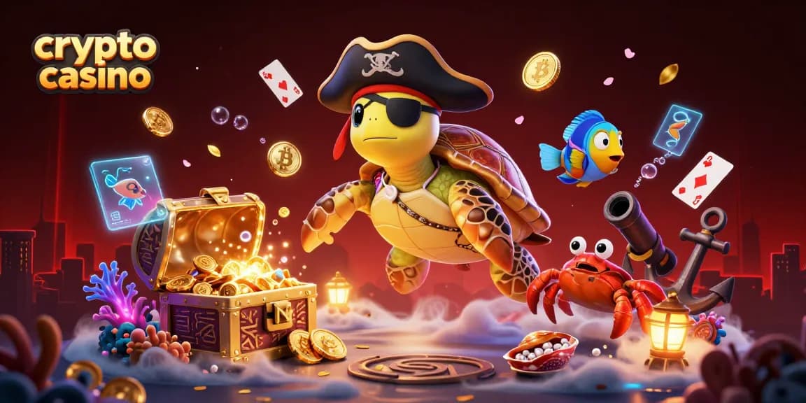 Expérience captivante au crypto casino avec une tortue pirate 3D et des pièces de Bitcoin scintillantes.