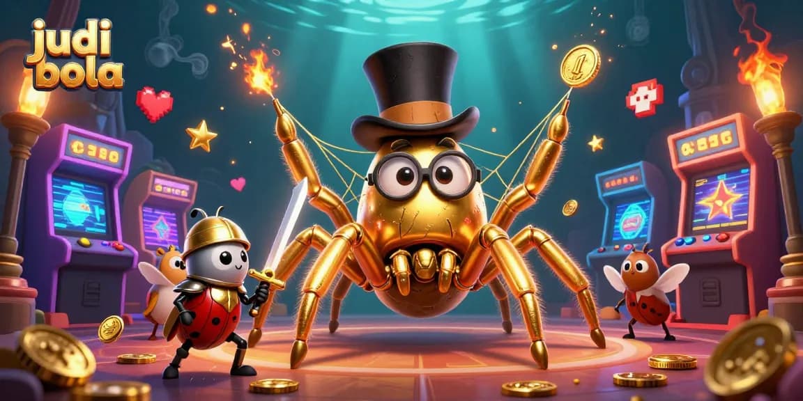 Engage in judi bola action with an epic battle scene featuring a golden tarantula and beetle knight in a vibrant casino.