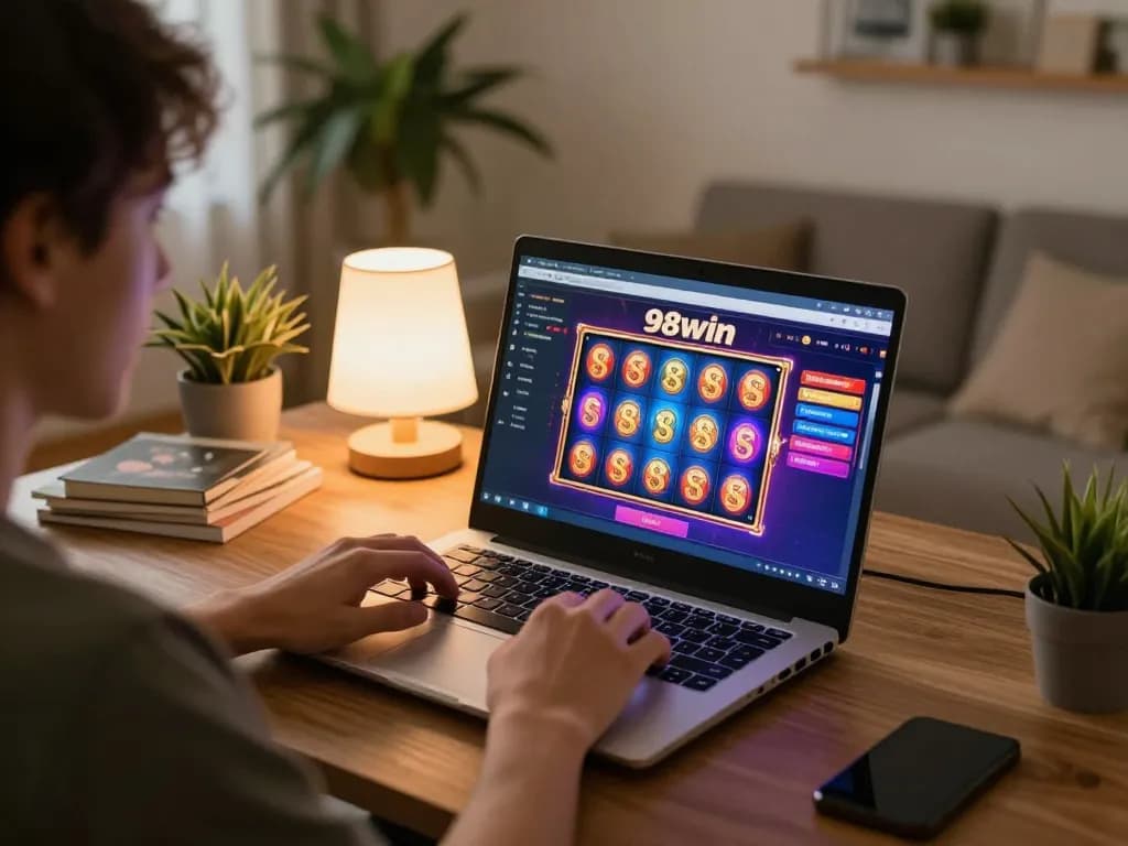 Player engaged in online slot gameplay on 98win from a cozy home setup, showcasing a lively casino experience.