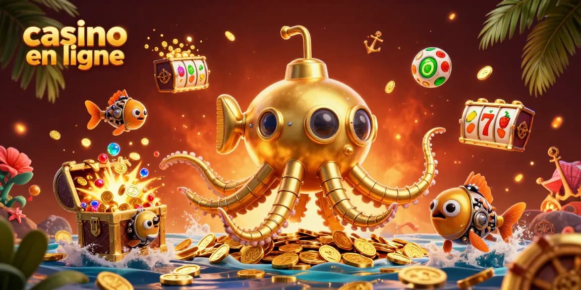 Jouez à casino en ligne avec un kraken doré et des gestes colorés dans un océan de jetons.