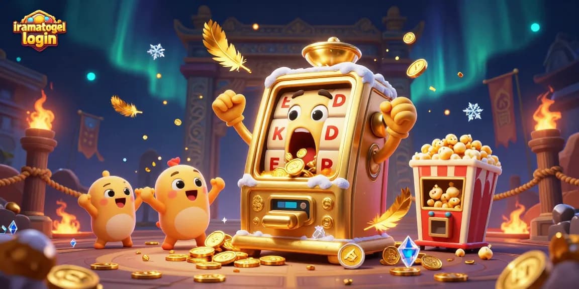 Gambarkan iramatogel login saat mesin slot emas menyemburkan koin dan bersorak dengan mesin slot kecil.