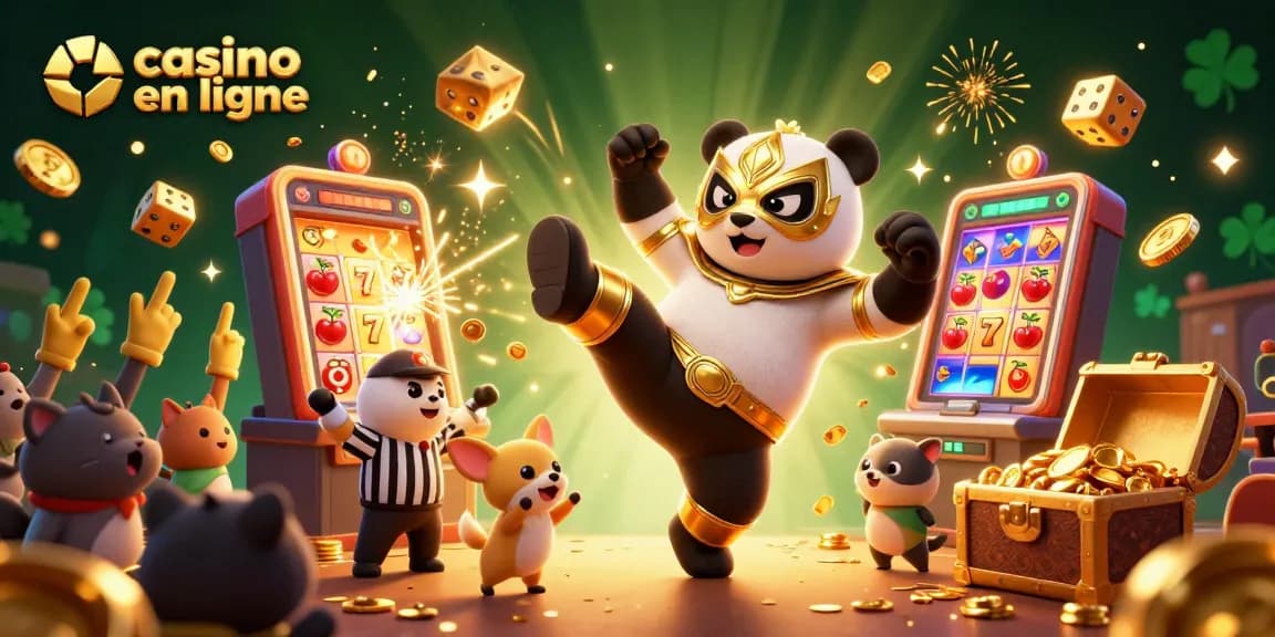 Une illustration dynamique de casino en ligne avec un panda et un chihuahua, avec des éléments de jeu attrayants.