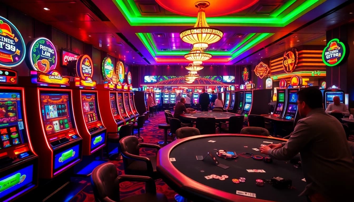 Permainan kasino pgbet yang seru dengan mesin slot berkelap-kelip dan pemain berdinamika.