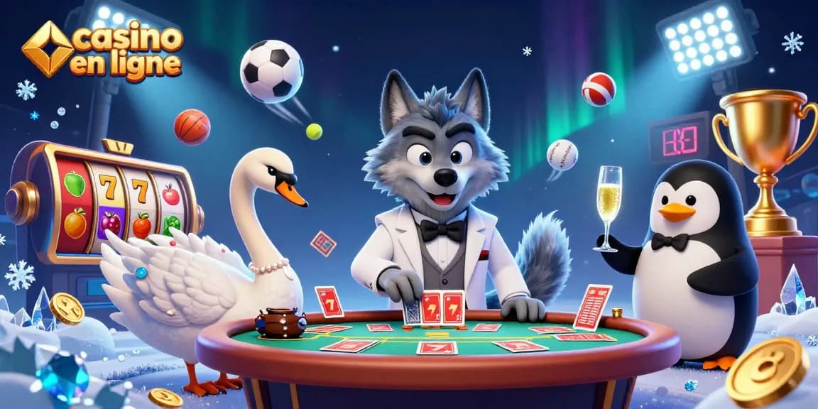 Illustration animée d'un casino en ligne avec un loup élégant et un cygne, jouant au baccarat.