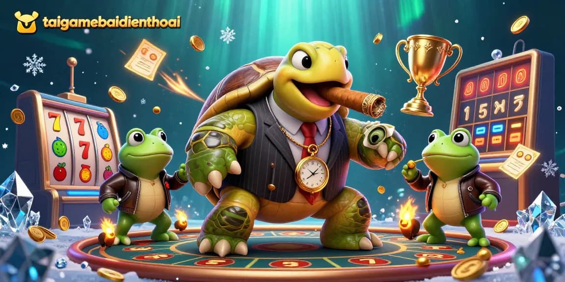 Win with taigamebaidienthoai in an exciting slots scene featuring a snapping turtle and frog enforcers.