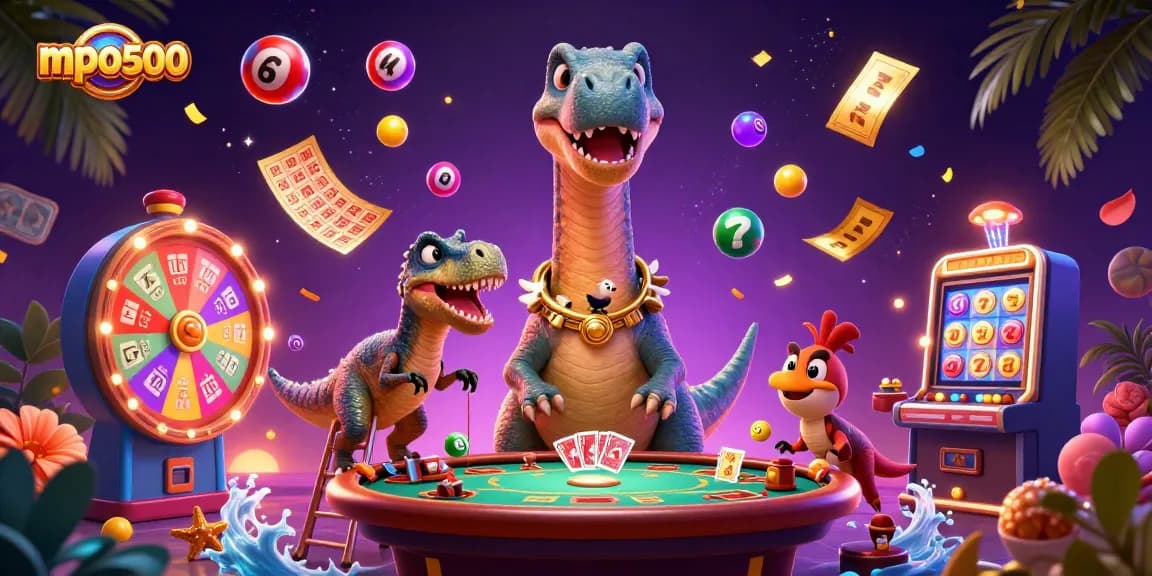 Experience the excitement of mpo500 with a dynamic casino scene featuring whimsical characters and vibrant game elements.
